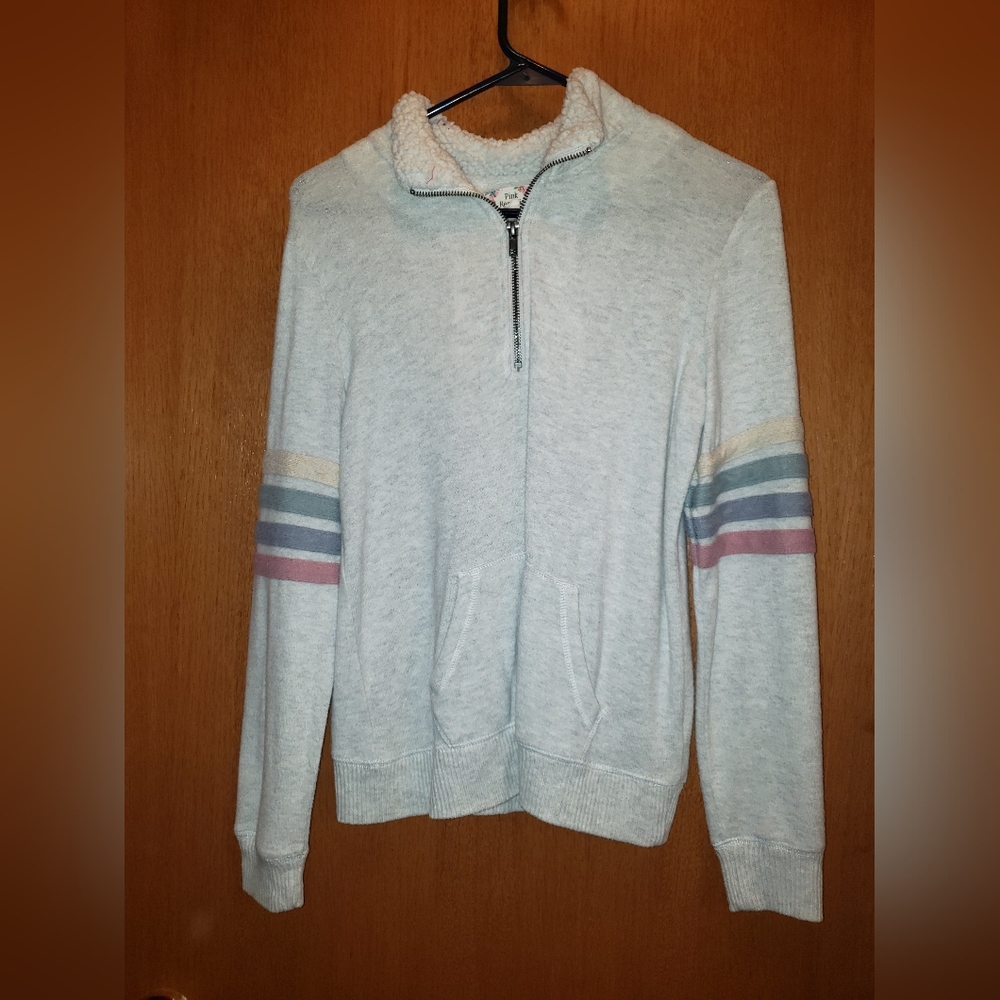 Lightweight soft grey sweater with stripes on arm
